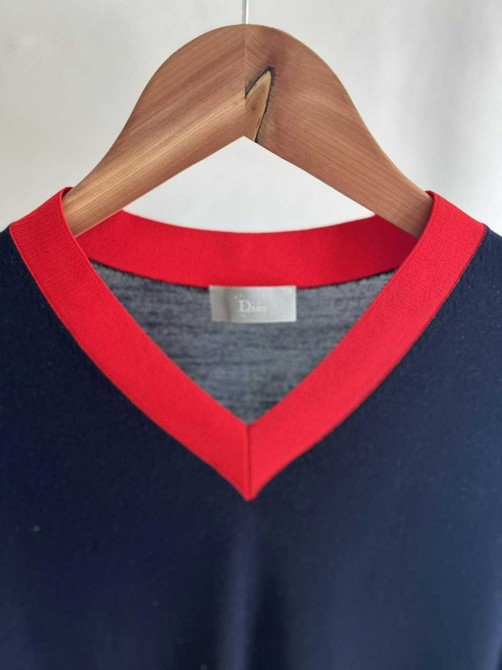 Dior Dior Mens Navy and Red Wool V Neck Sweater - image 3