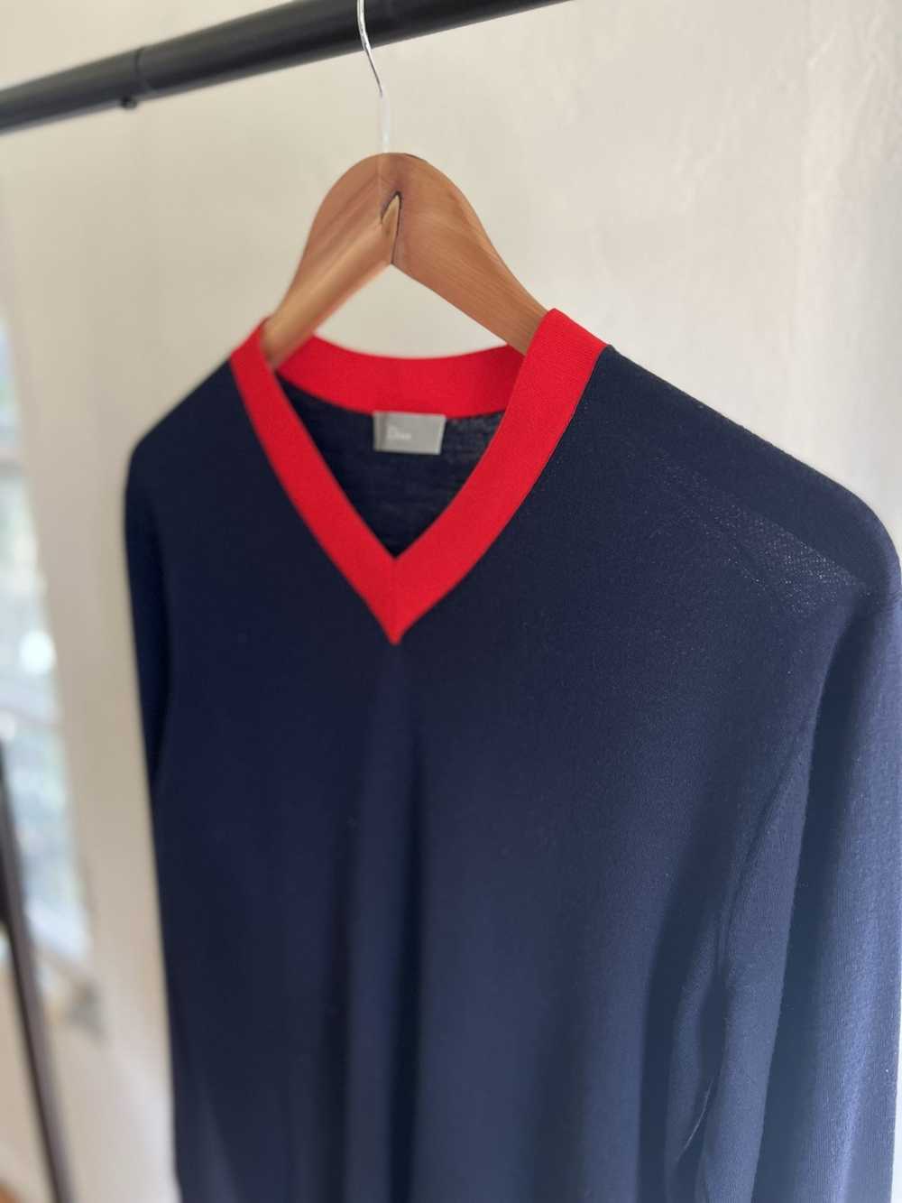 Dior Dior Mens Navy and Red Wool V Neck Sweater - image 4