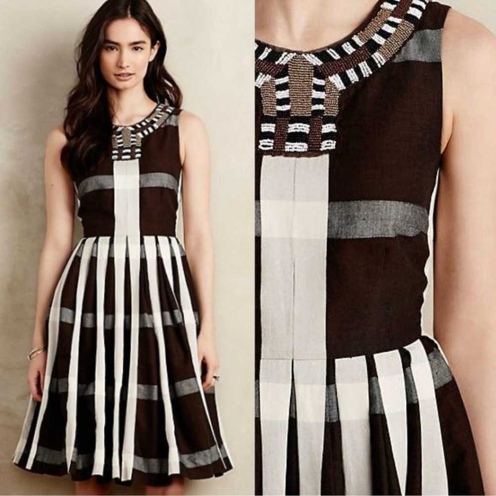 Anthropologie Maeve Pleated Plaid Dress Brown Whi… - image 1