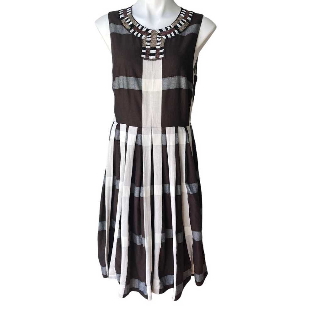 Anthropologie Maeve Pleated Plaid Dress Brown Whi… - image 2