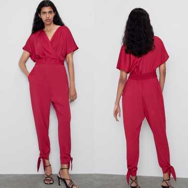Zara Sanity Red Surplice Satin Like Jumpsuit NWOT - image 1