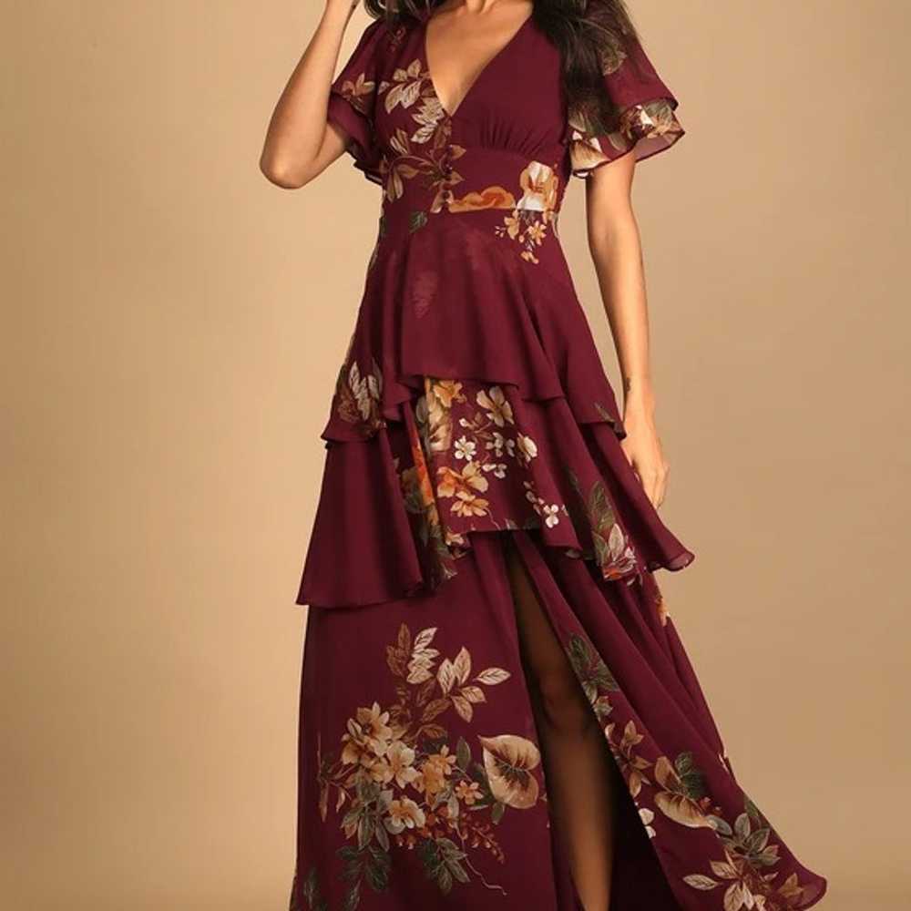 Midnight Mood Burgundy Floral Print Tiered Maxi D… - image 1