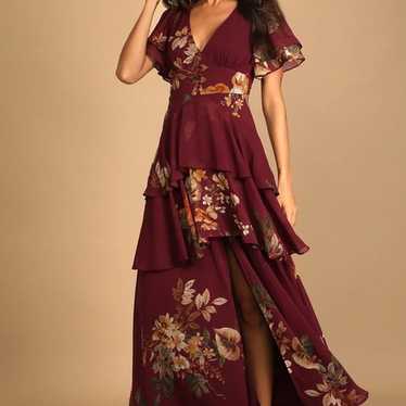 Midnight Mood Burgundy Floral Print Tiered Maxi D… - image 1