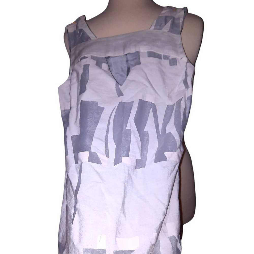 Linen Mini Dress White Silver Abstract D - image 5