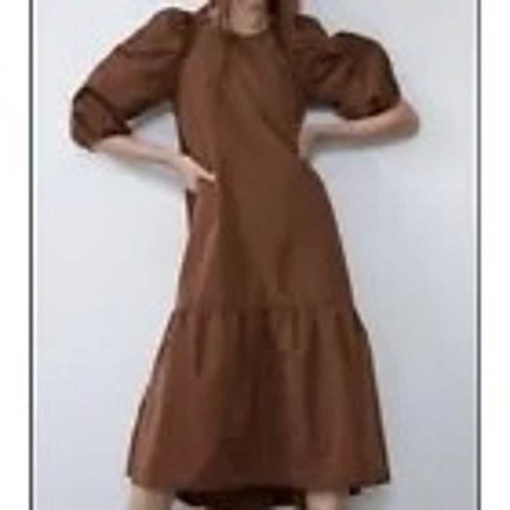 ZARA Brown Voluminous Taffeta Midi Dress Puff Sle… - image 1