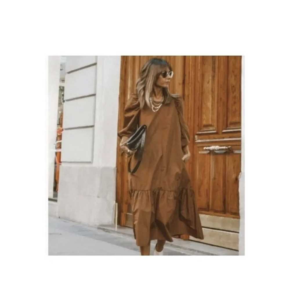 ZARA Brown Voluminous Taffeta Midi Dress Puff Sle… - image 4
