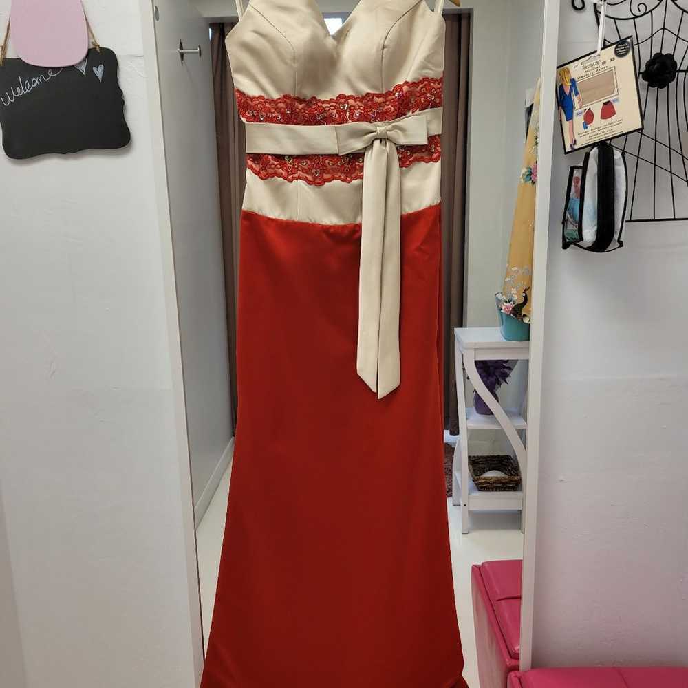 Red/Gold Satin Halter Gown Size 10 - image 1