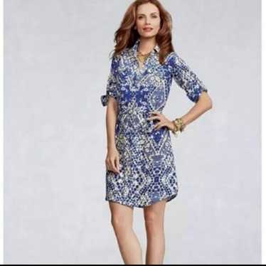 CAbi 422 Blue Cream Jewel Shirt Dress Women's Sma… - image 1