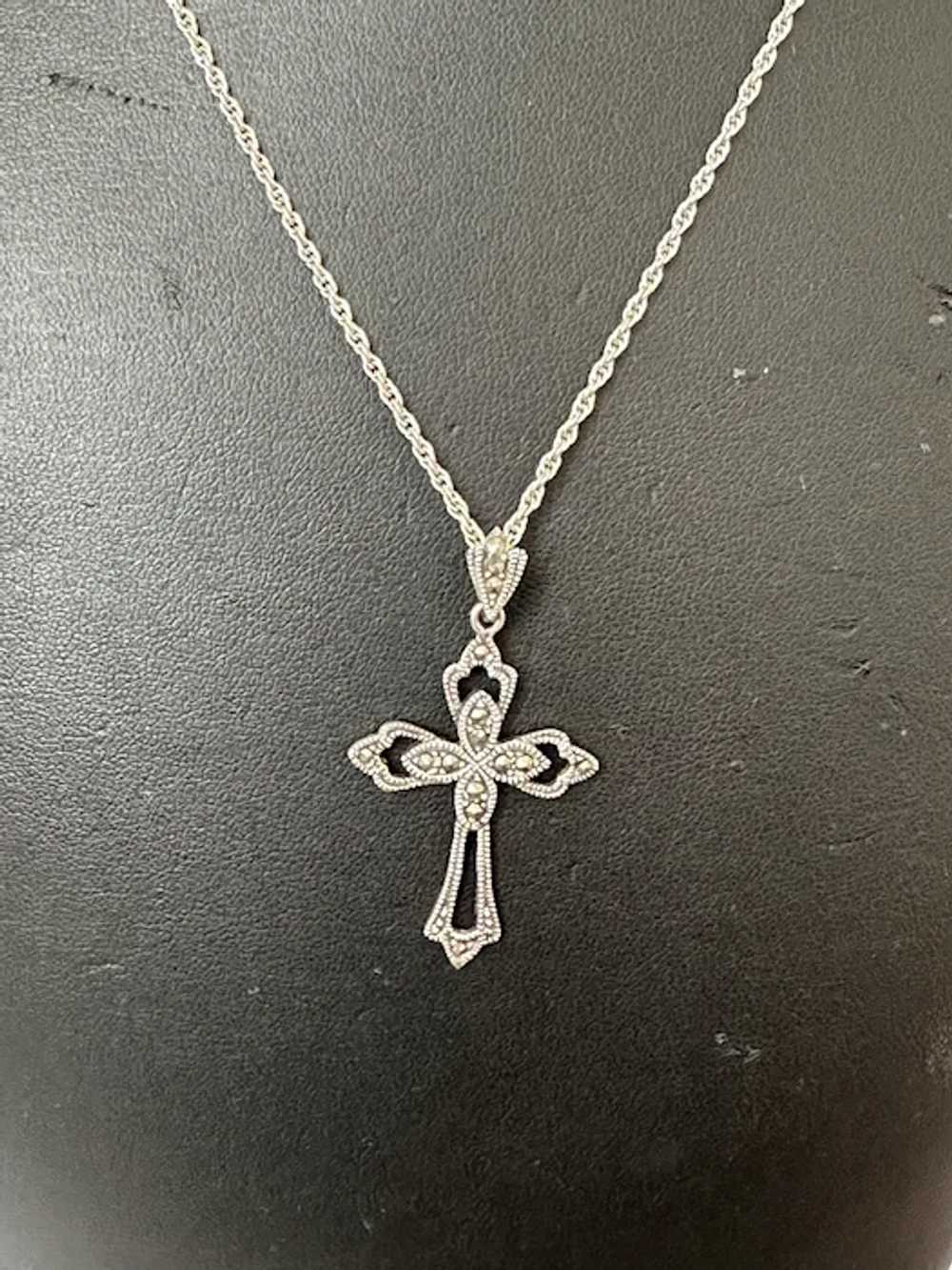 Sterling and Marcasite Cross Pendant - image 2