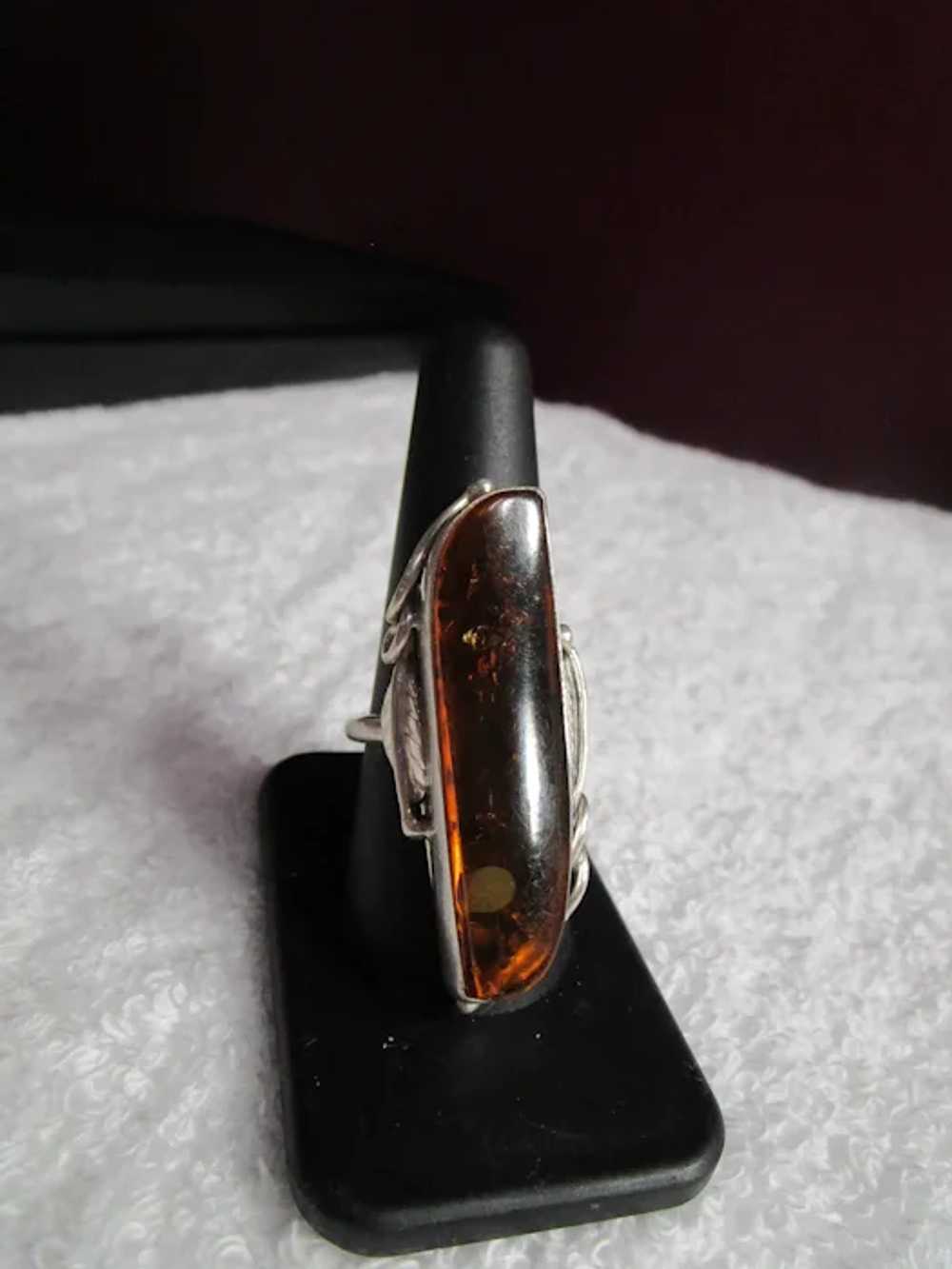 Gorgeous Navajo Sterling and Amber elongated ring… - image 2