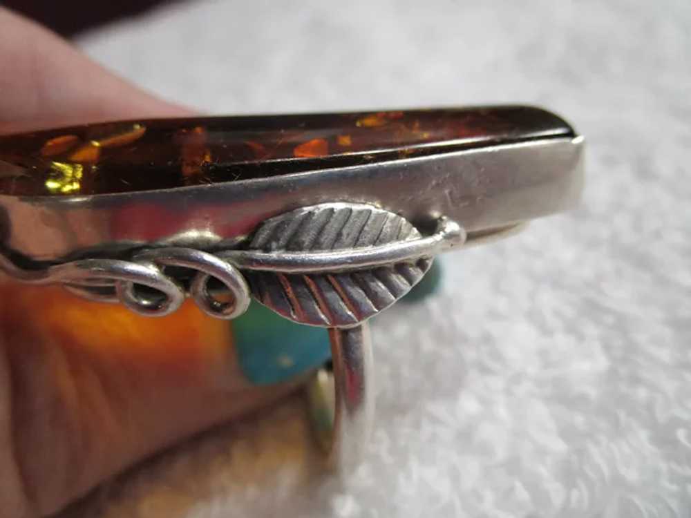 Gorgeous Navajo Sterling and Amber elongated ring… - image 4