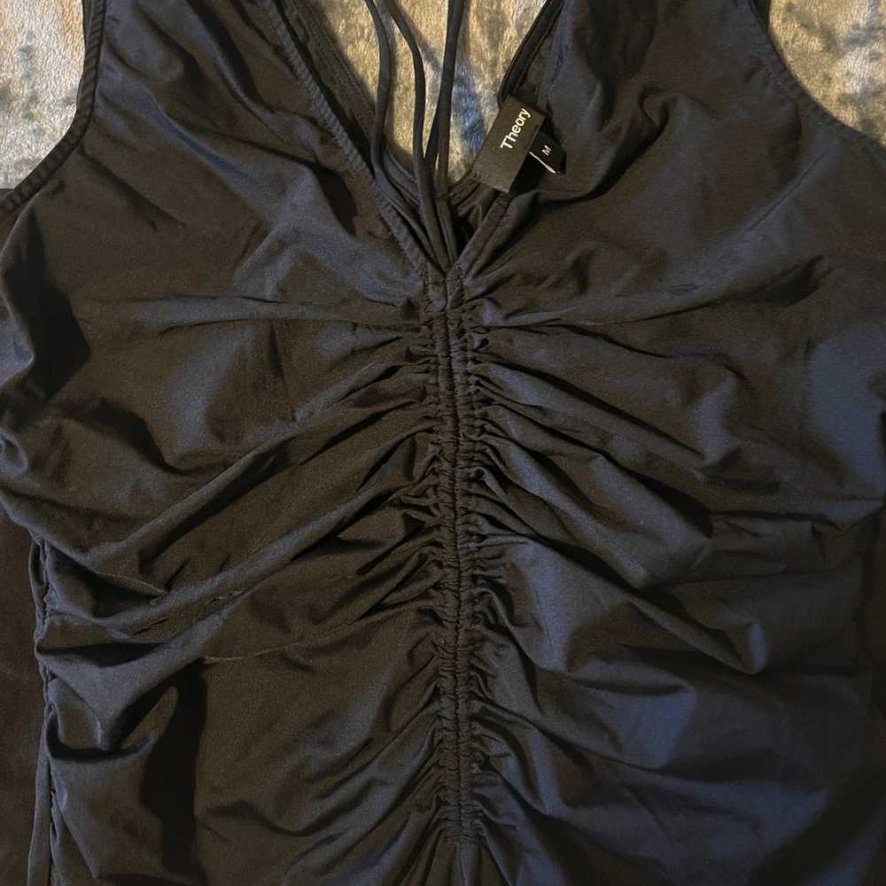 Theory ruched black string midi dress size medium - image 6