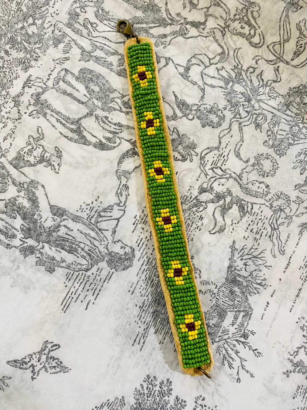 Vintage Green and Yellow Beaded Suede Bracelet - image 1