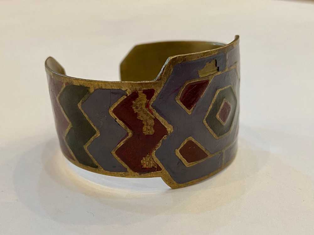 Vintage Hand- Painted brass cuff bracelet - image 2