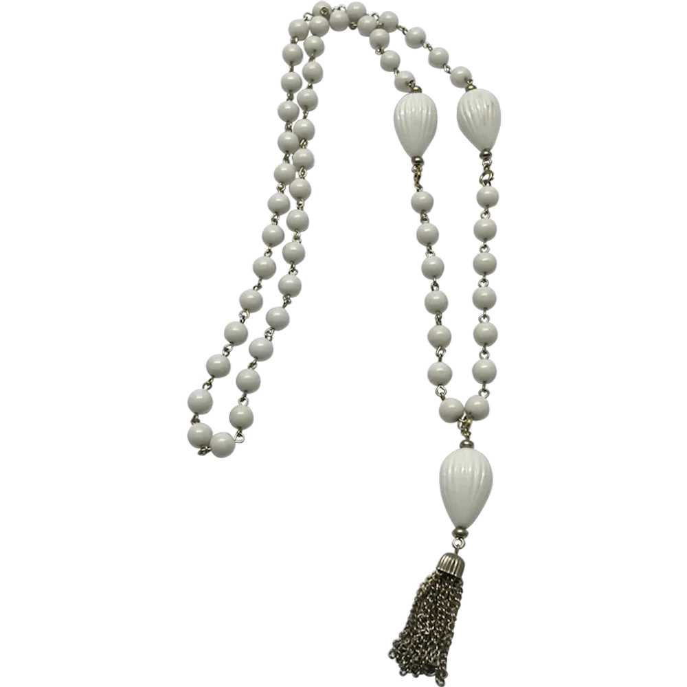 Vintage white beaded tassel necklace - image 1