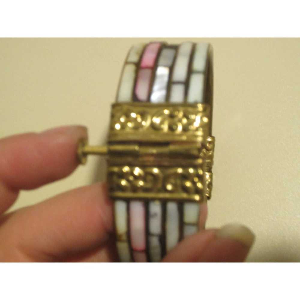 Vintage 5-row Mother of Pearl Inlay Brass Hinged … - image 5