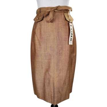 60s Belted Midi Pencil Skirt Size 10 Gold Wool Si… - image 1