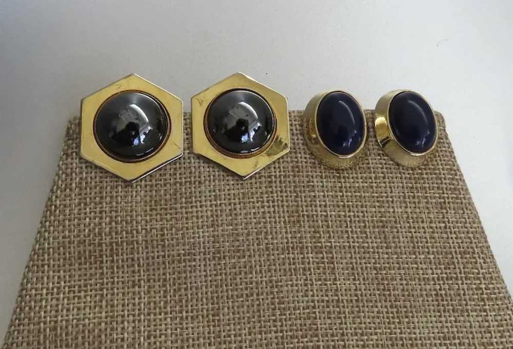 Vintage Earrings Clip Cabochon Blue Black - image 3