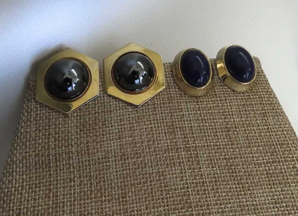 Vintage Earrings Clip Cabochon Blue Black - image 4