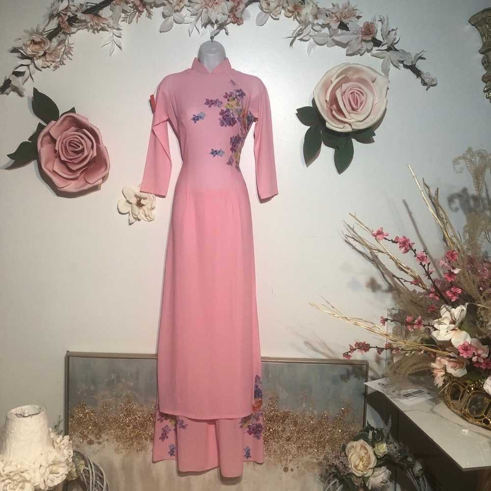 Pink and floral Mandarin collar Asian style dress… - image 1