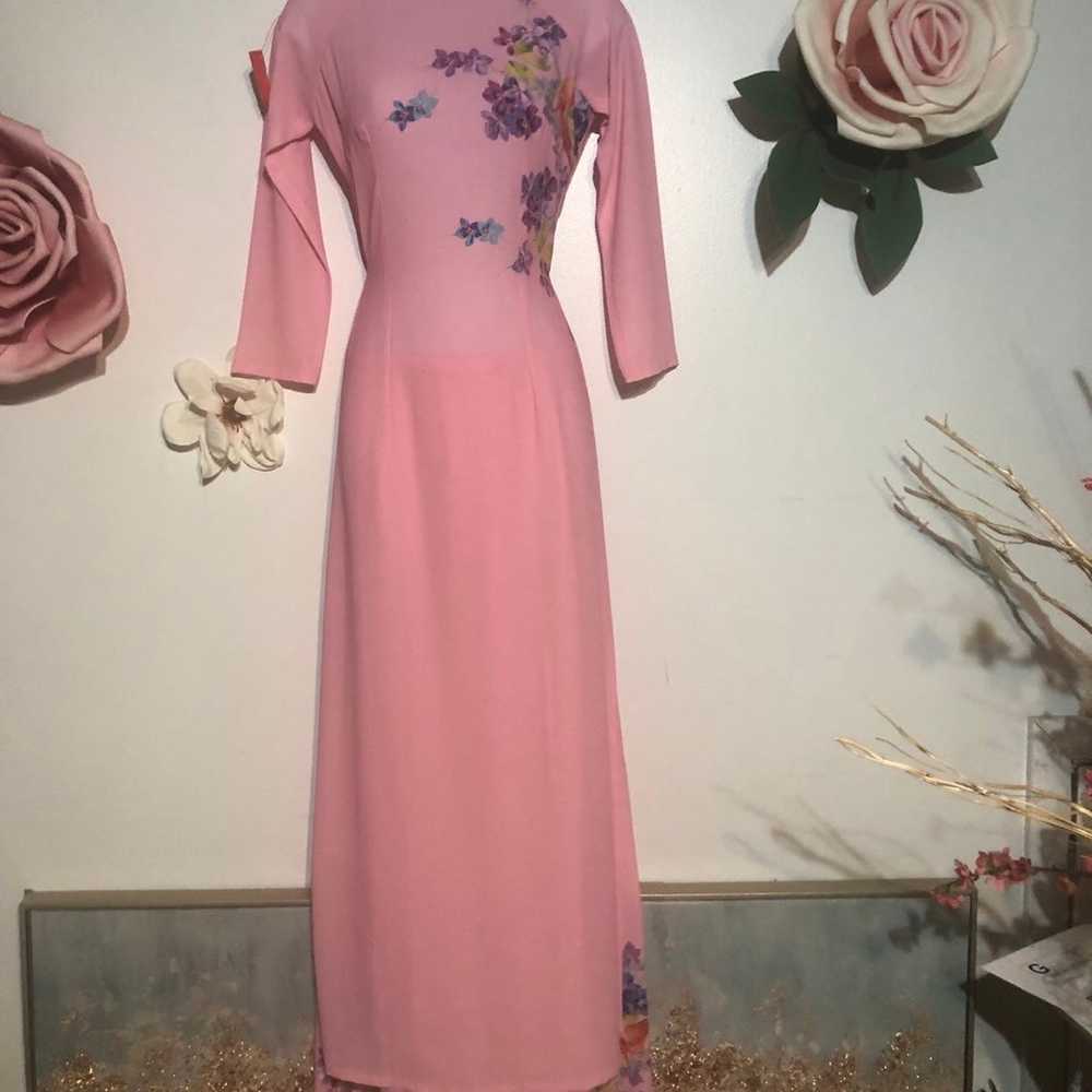 Pink and floral Mandarin collar Asian style dress… - image 2