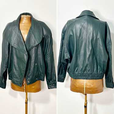 Vintage 80s New Wave Dark Teal Leather Moto Jacke… - image 1