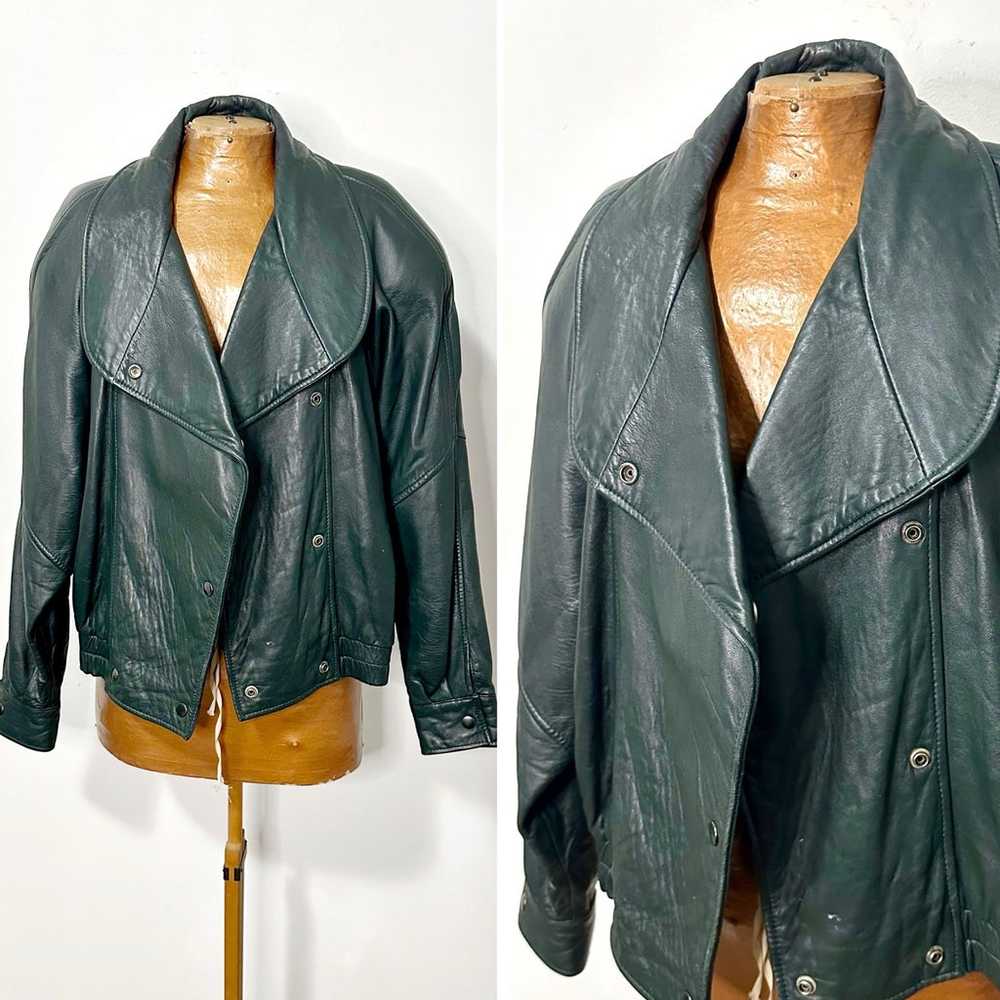 Vintage 80s New Wave Dark Teal Leather Moto Jacke… - image 2