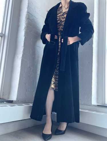 70s black velvet belted pea coat