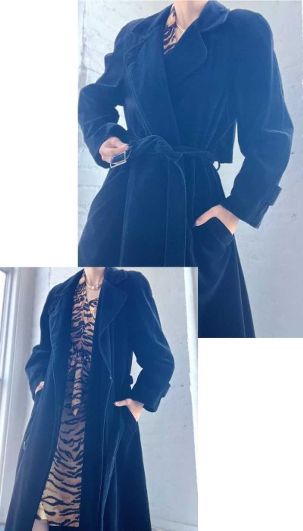 70s black velvet belted pea coat - image 2