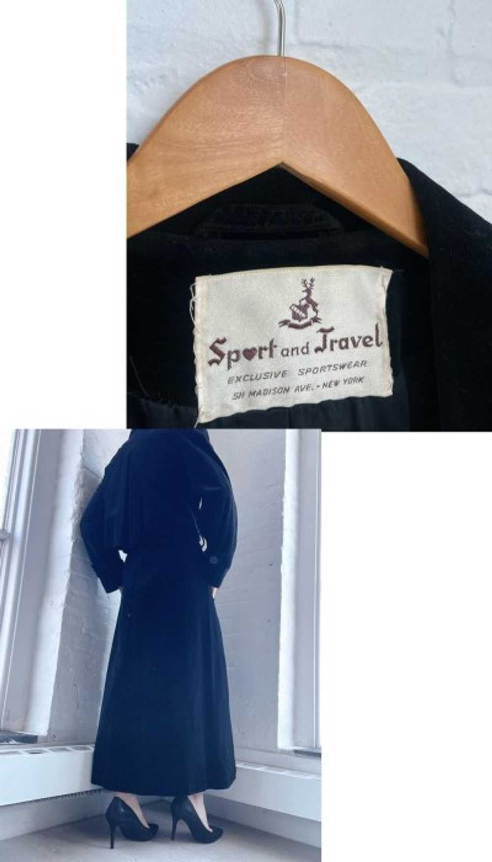 70s black velvet belted pea coat - image 4