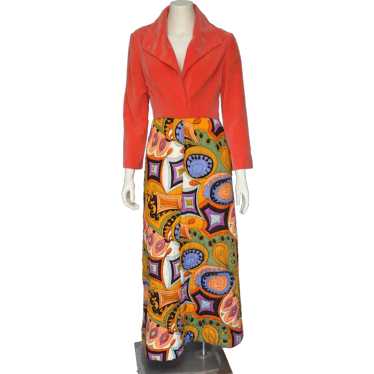 1960s 70s Psychedelic Print Quilted Maxi Dress S/M - image 1