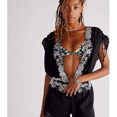 NEW Free People Weila Romper Black Floral Embroid… - image 1