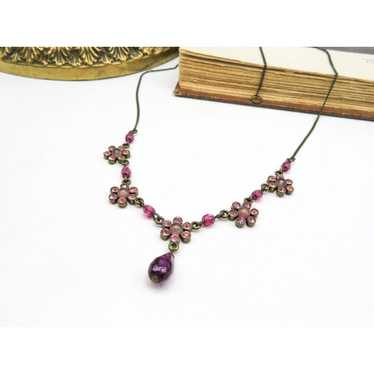 Designer Antiqued Pink Rhinestone Purple Glass Fl… - image 1