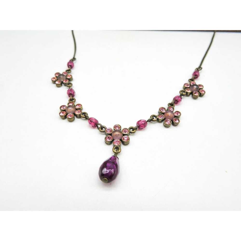 Designer Antiqued Pink Rhinestone Purple Glass Fl… - image 2