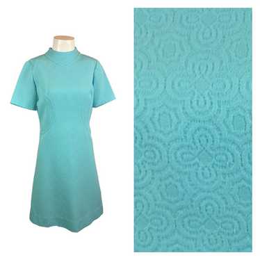 1960s Mod Teal Blue Mock Neck Shift Dress Texture… - image 1