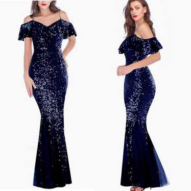 Sequin Tulle Dress Navy Blue Wedding Party Dress - image 1