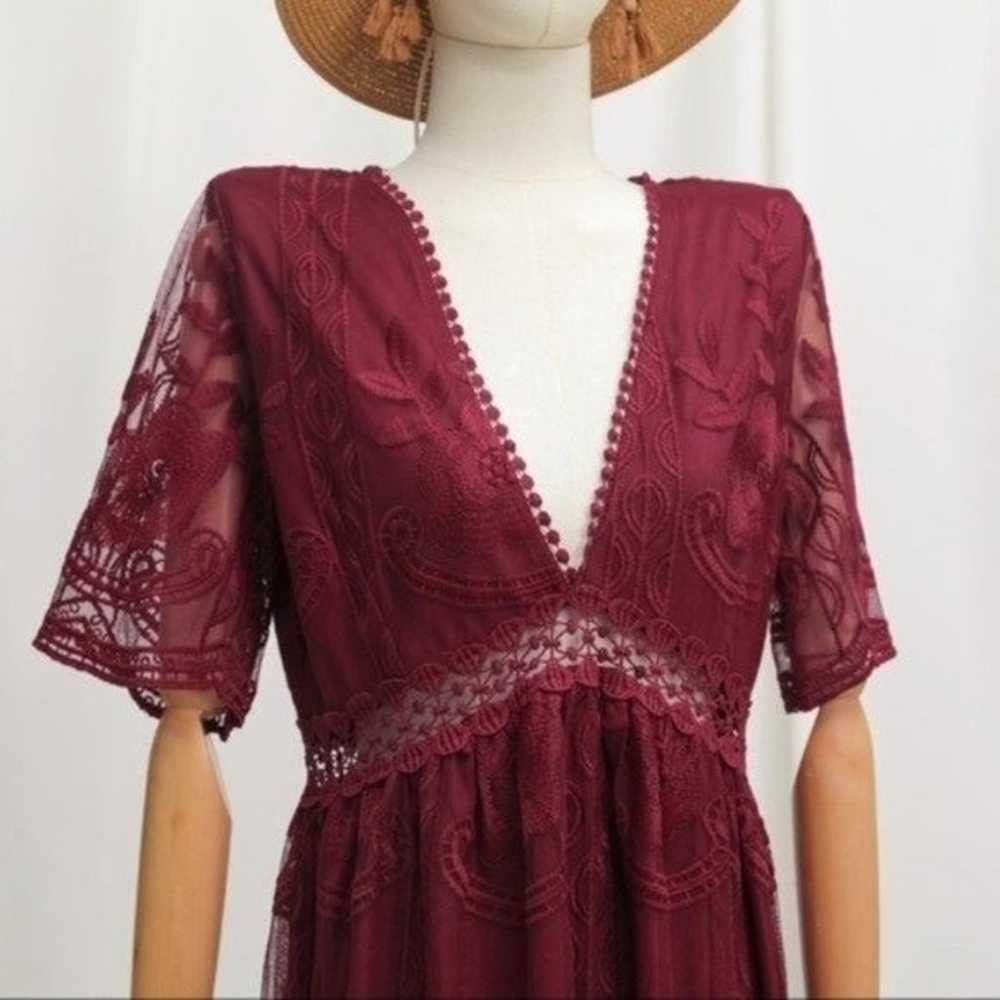 Wine Red Lace V-neck Short Sleeve Boho Maxi Dress - image 9