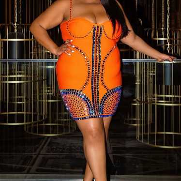 Plus size orange rhinestone bandage dress sugar th