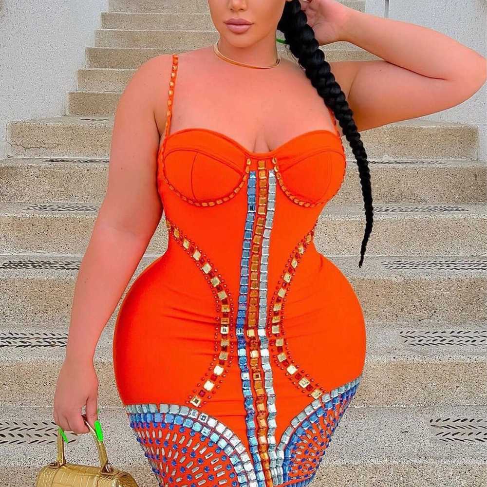 Plus size rhinestone bandage orange dress 2x - image 7