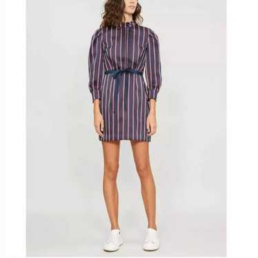 Sandro Satin Stripes Respect Belted Puff Sleeve Dr