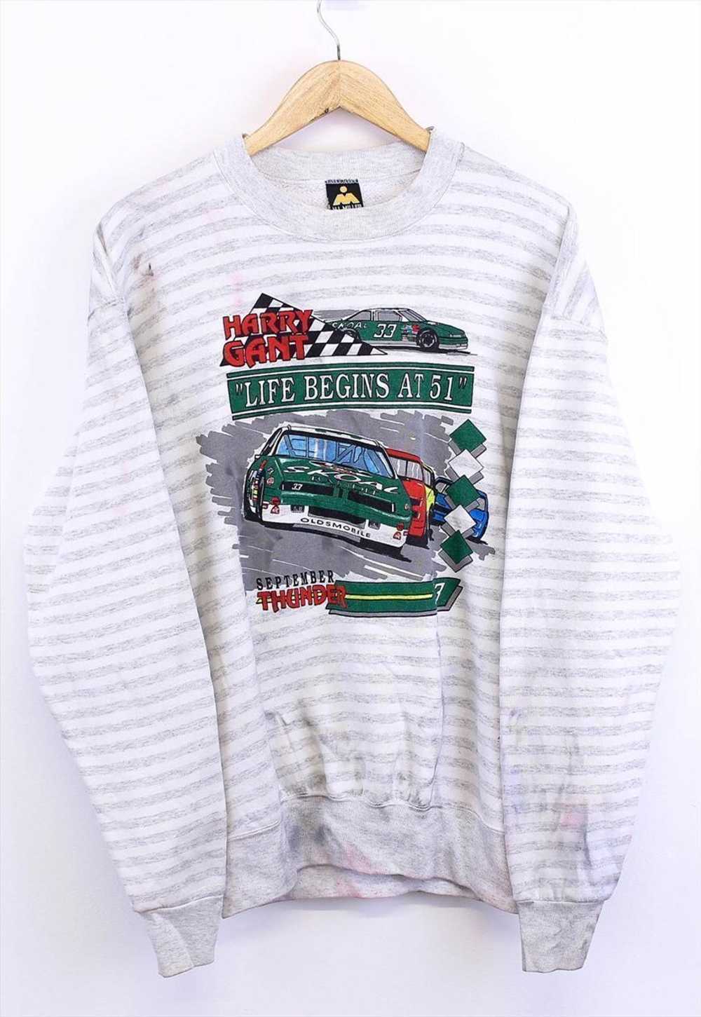 Vintage Racing Car Sweatshirt Grey Striped With G… - image 1