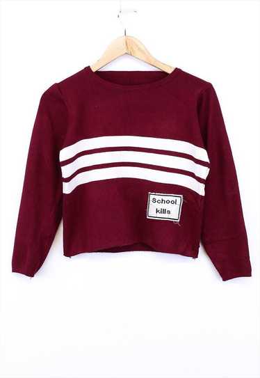 Vintage Knitted Crop Sweater Burgundy Crewneck Wi… - image 1