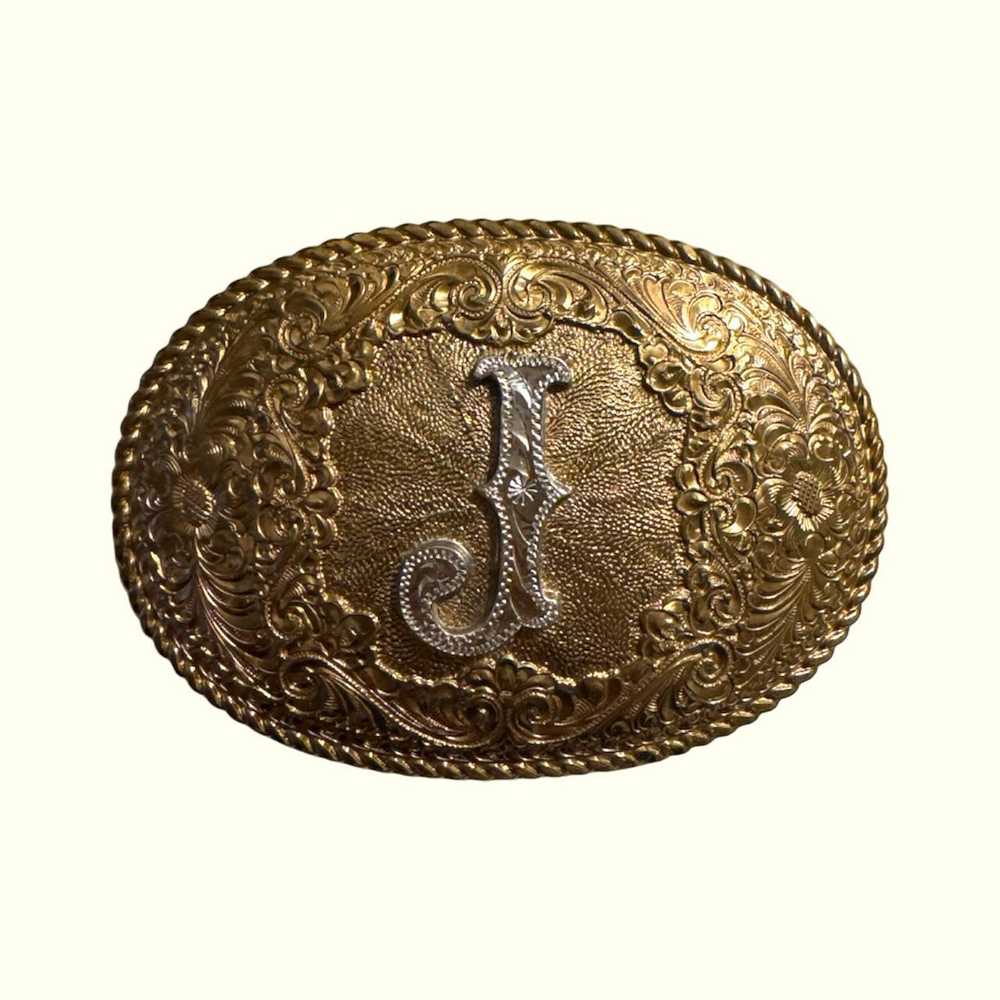 Vintage J Gold Western Belt Buckle - image 1