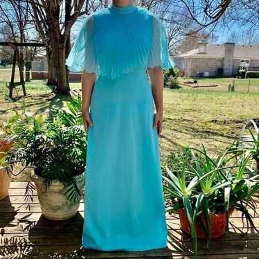 Vtg 70s Miss Rubette jeweled neck blue prom dress
