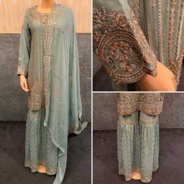 PAKISTANI SEA GREEN 3PCS CHIFFON FANCY GHARARA DR… - image 1