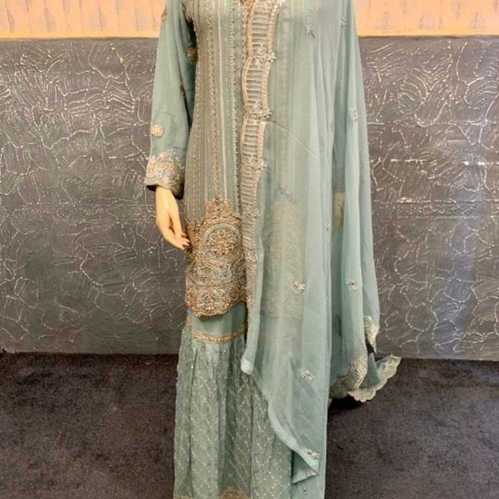 PAKISTANI SEA GREEN 3PCS CHIFFON FANCY GHARARA DR… - image 2