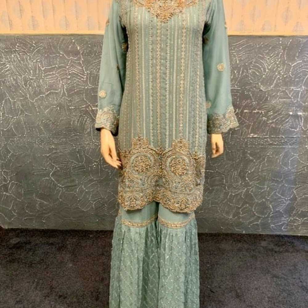 PAKISTANI SEA GREEN 3PCS CHIFFON FANCY GHARARA DR… - image 3