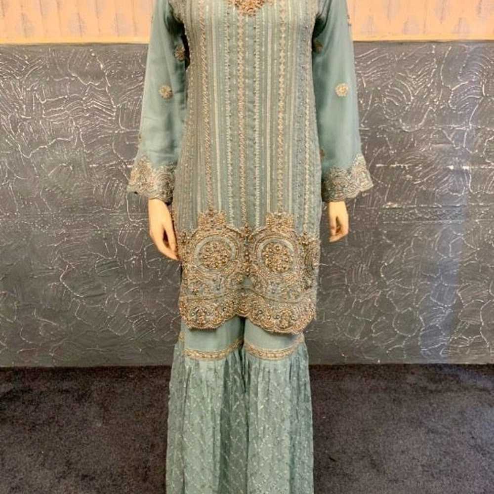 PAKISTANI SEA GREEN 3PCS CHIFFON FANCY GHARARA DR… - image 4