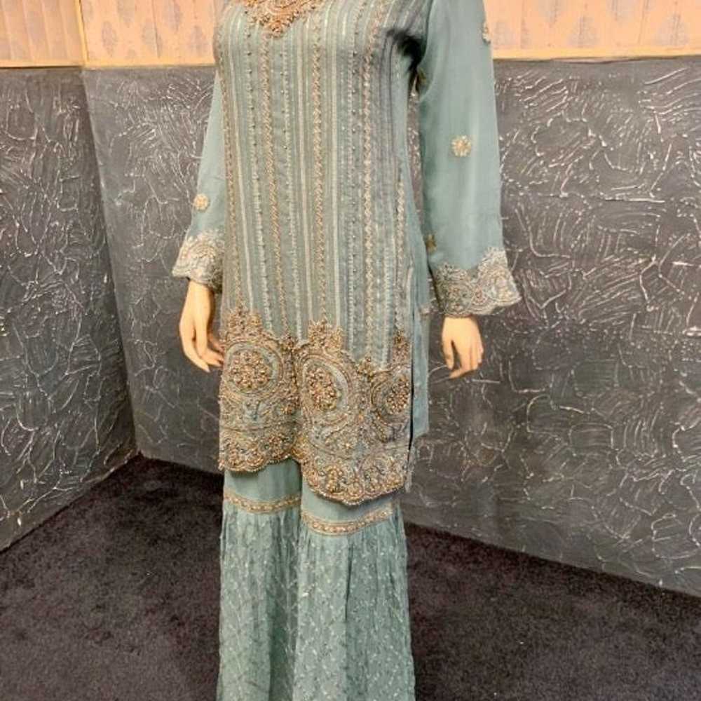 PAKISTANI SEA GREEN 3PCS CHIFFON FANCY GHARARA DR… - image 5