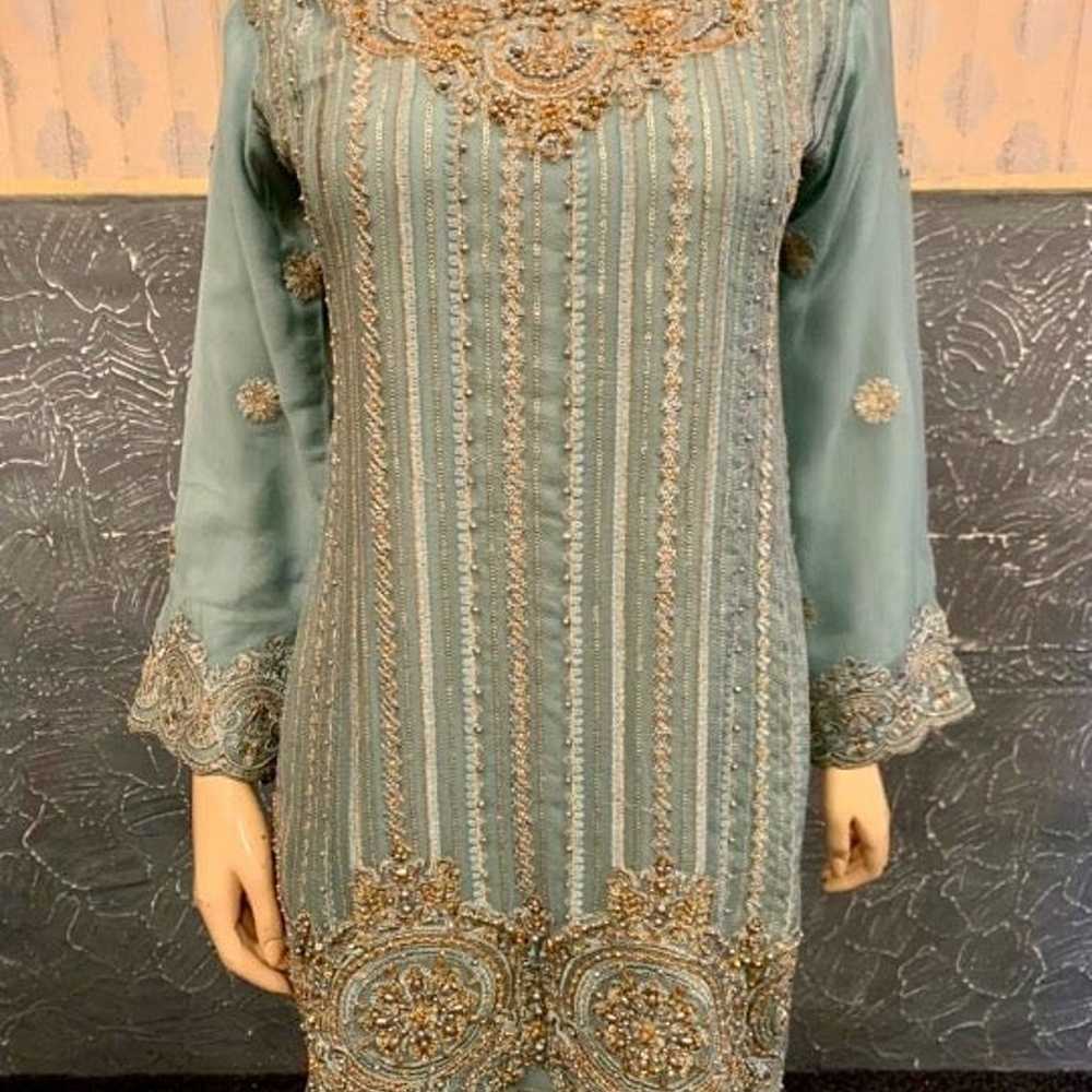 PAKISTANI SEA GREEN 3PCS CHIFFON FANCY GHARARA DR… - image 6